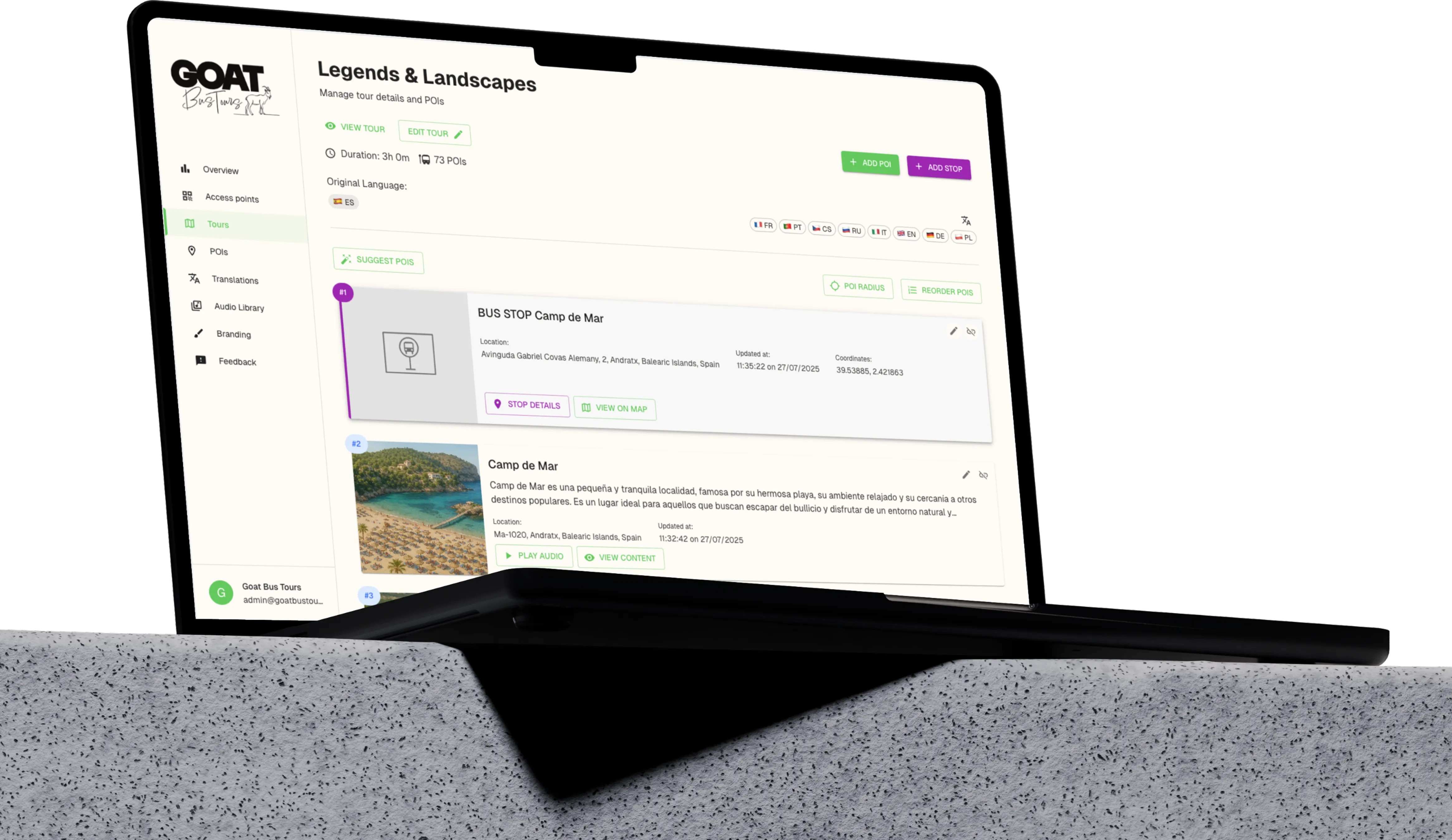 iGlocalGuide backoffice showing the tour editor for Goat Bus Tours in Mallorca