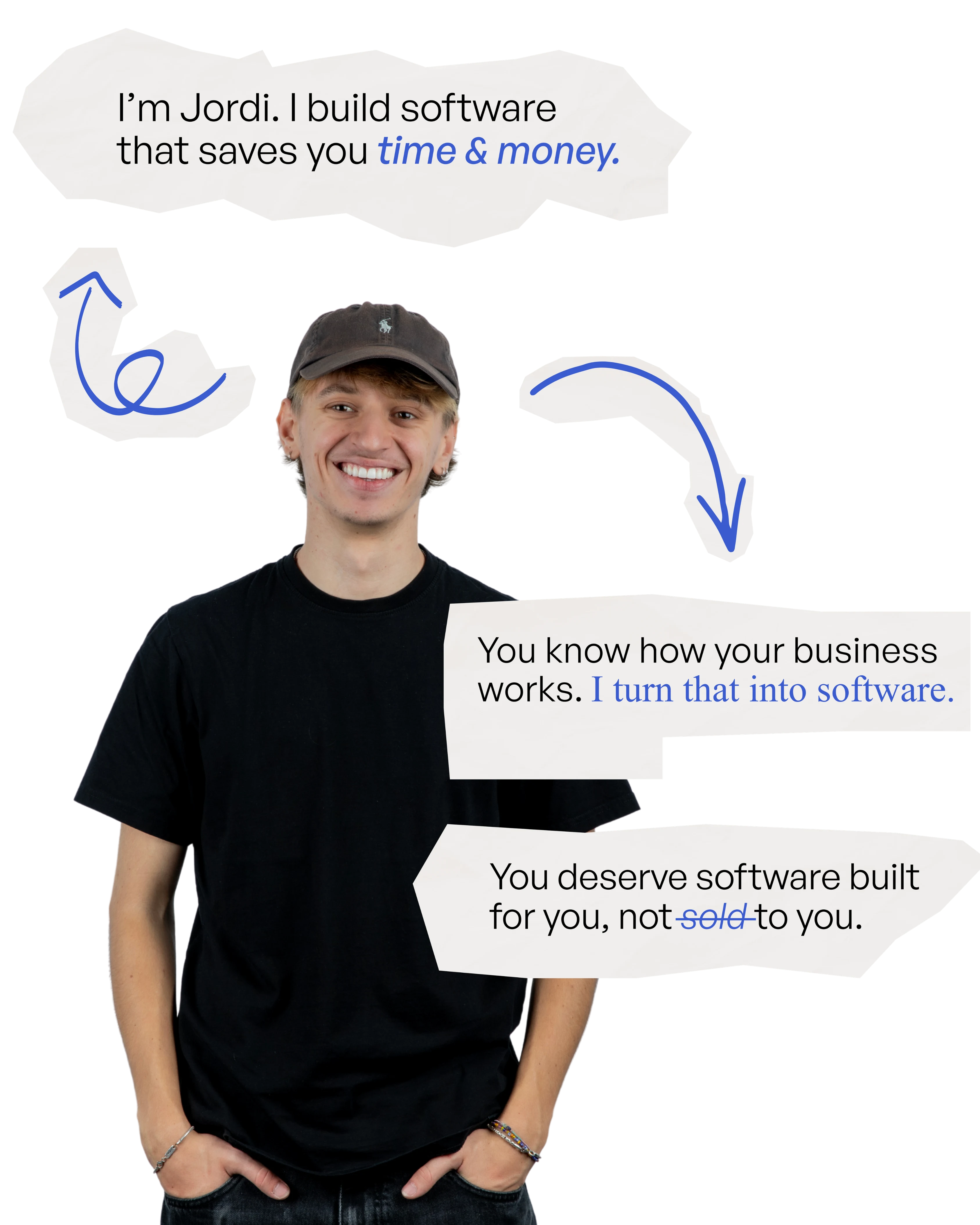 Jordi Coll, founder of Coi Software, beside three handwritten notes: “I’m Jordi. I build software that saves you time & money.” “You know how your business works. I turn that into software.” “You deserve software built for you, not sold to you.”