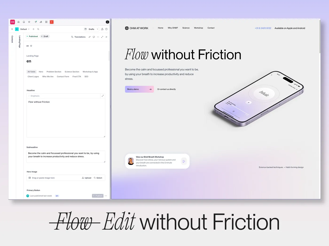 Ohm at Work — Sanity CMS editor alongside the live marketing site